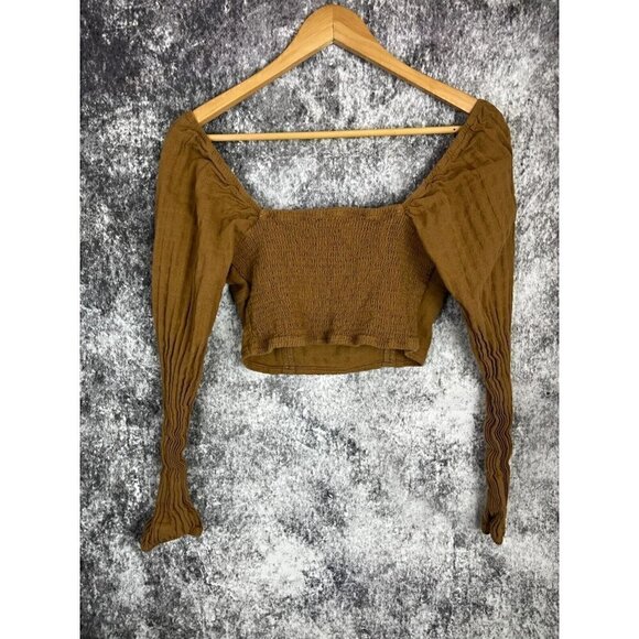 Wild Fable Rust Brown Cropped Ruched Smocked puff Sleeve Top Blouse Womens Small - Picture 8 of 12
